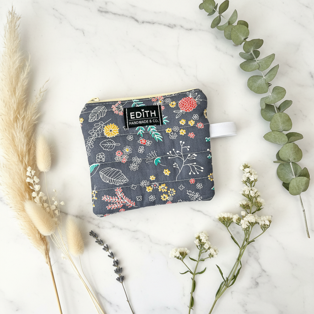 Charcoal wildflower Zipper wallet, handmade zipper wallet