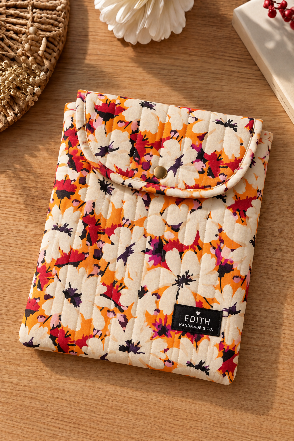Handmade Tangerine Daisies snap-flap pouch – orange daisy floral envelope style with flap and snap closure, November limited edition