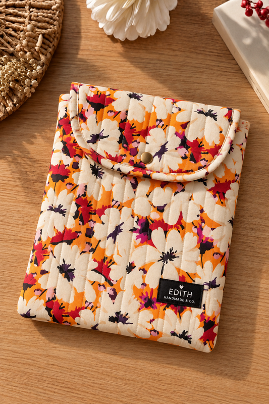 Handmade Tangerine Daisies snap-flap pouch – orange daisy floral envelope style with flap and snap closure, November limited edition
