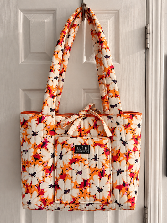 Tangerine Daisies Tote Bag | November Limited Edition, handmade tote bag