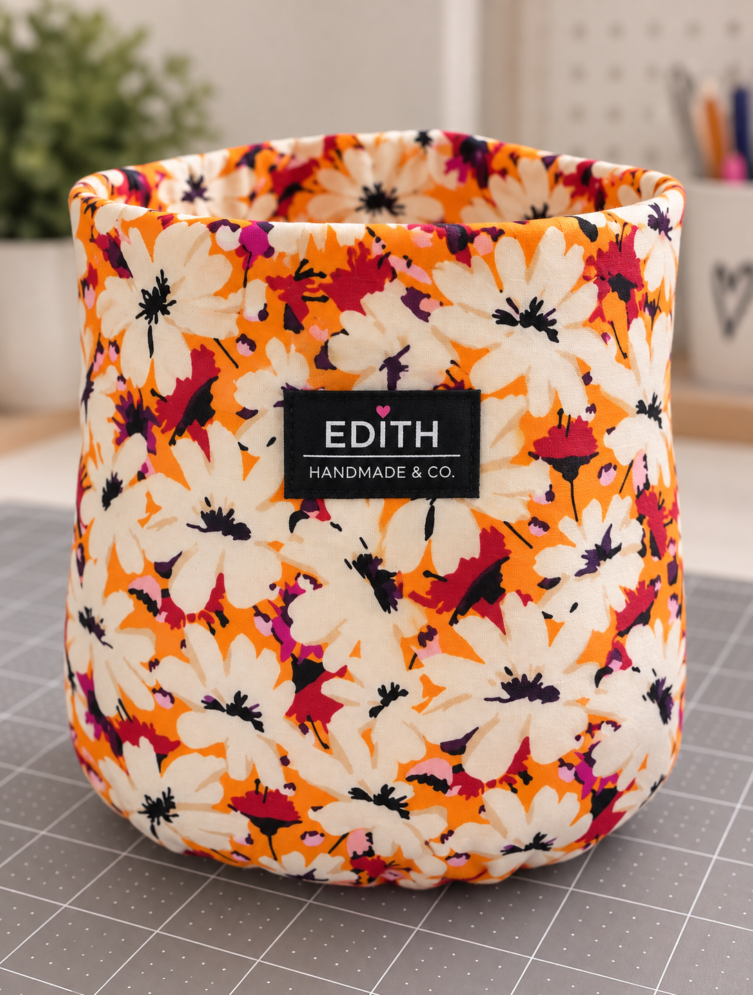 Handmade Tangerine Daisies fabric storage bin – orange daisy floral rounded basket, November limited edition