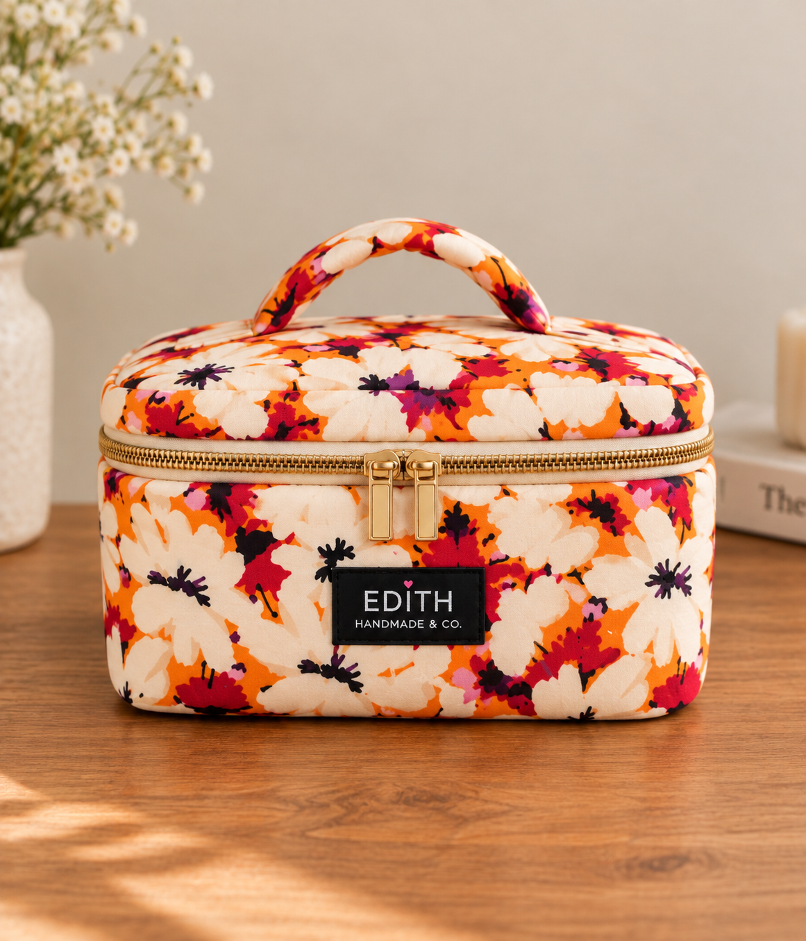 Handmade Tangerine Daisies vanity train case – orange daisy floral mini makeup trunk with top handle, November limited edition