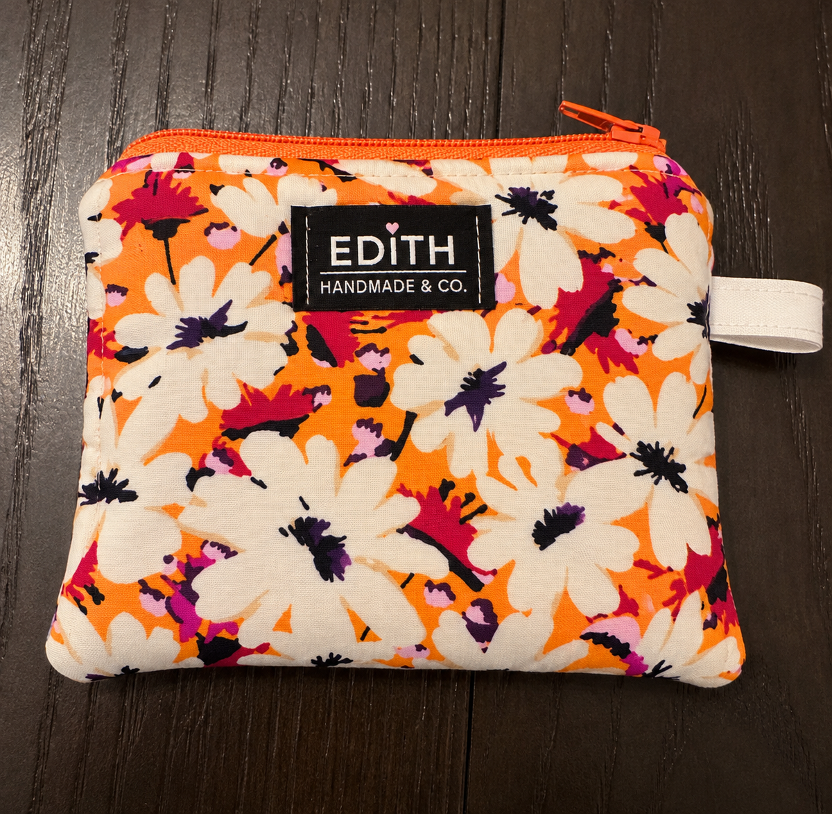 Handmade Tangerine Daisies mini zipper pouch – orange daisy floral small square pouch with wrist tab, November limited edition