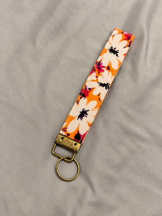 Tangerine Daisies keychain wristlet, handmade keychain wristlet
