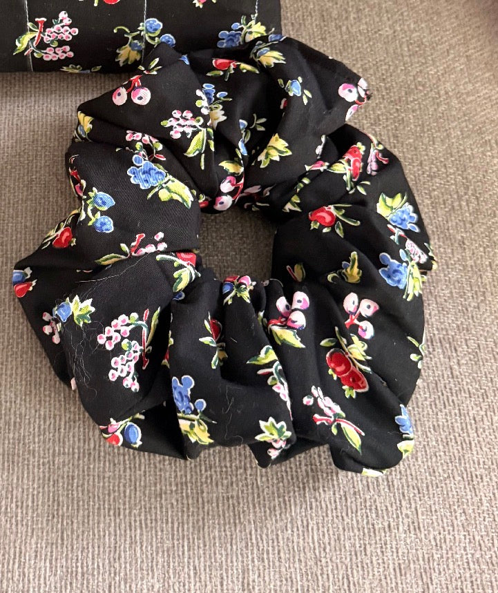 Midnight wildflower XL scrunchie, handmade scrunchie