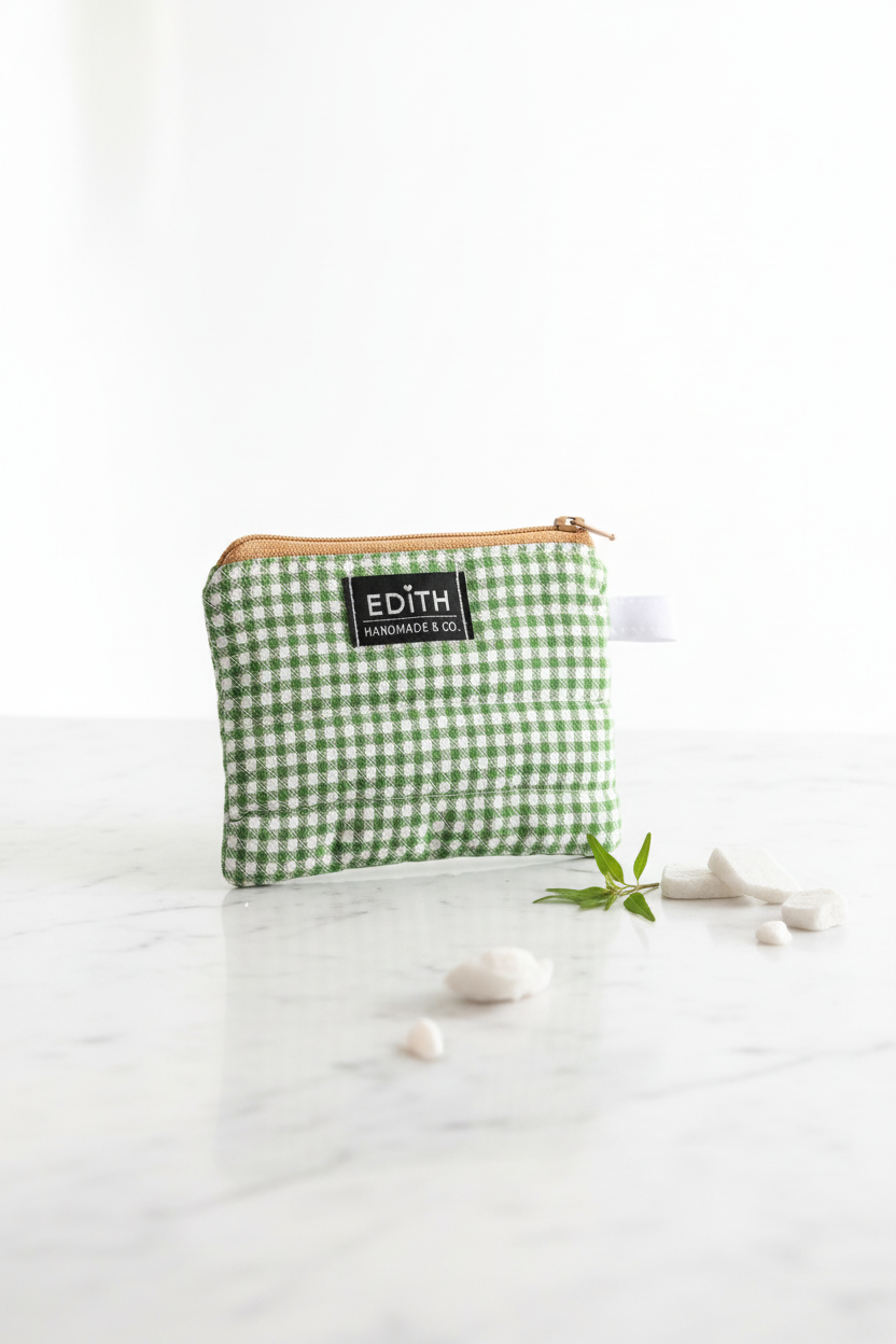 Green gingham Mini zipper wallet, handmade zipper wallet
