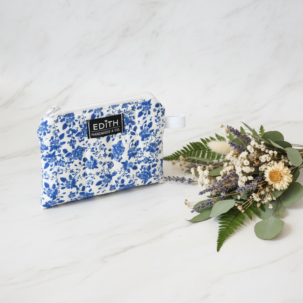 Blue botanical Zipper wallet, handmade zipper wallet