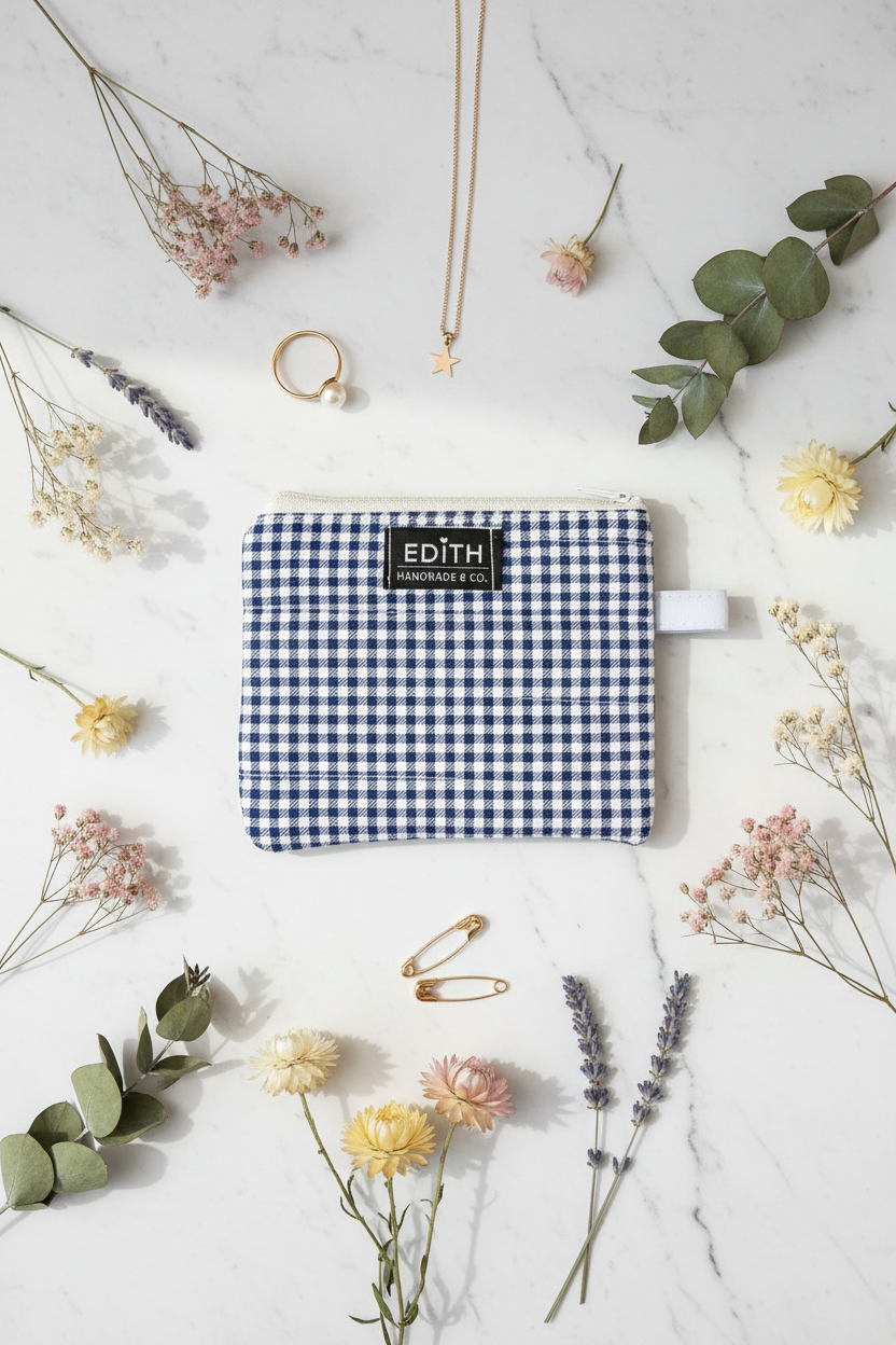 Blue gingham Zipper wallet, handmade zipper wallet