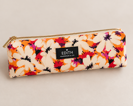 Handmade Tangerine Daisies pencil pouch – orange daisy floral print, November limited edition
