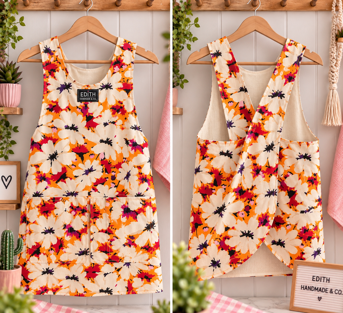 Tangerine Daisies Cross-Back Apron | November Limited Edition, handmade apron