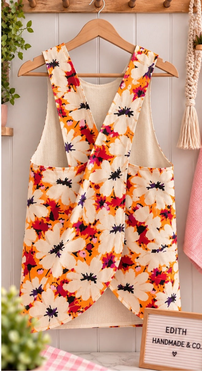 The Edith Cross-Back Apron PDF Pattern, handmade floral print apron back view