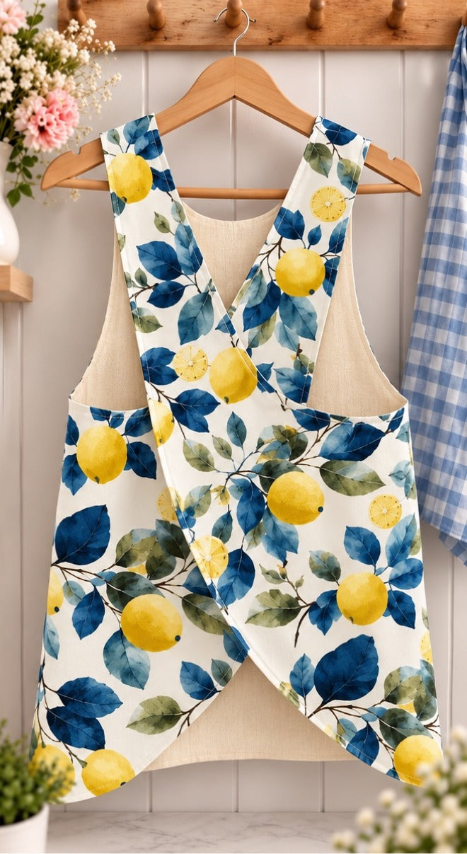 The Edith Cross-Back Apron PDF Pattern, handmade lemon print apron back view