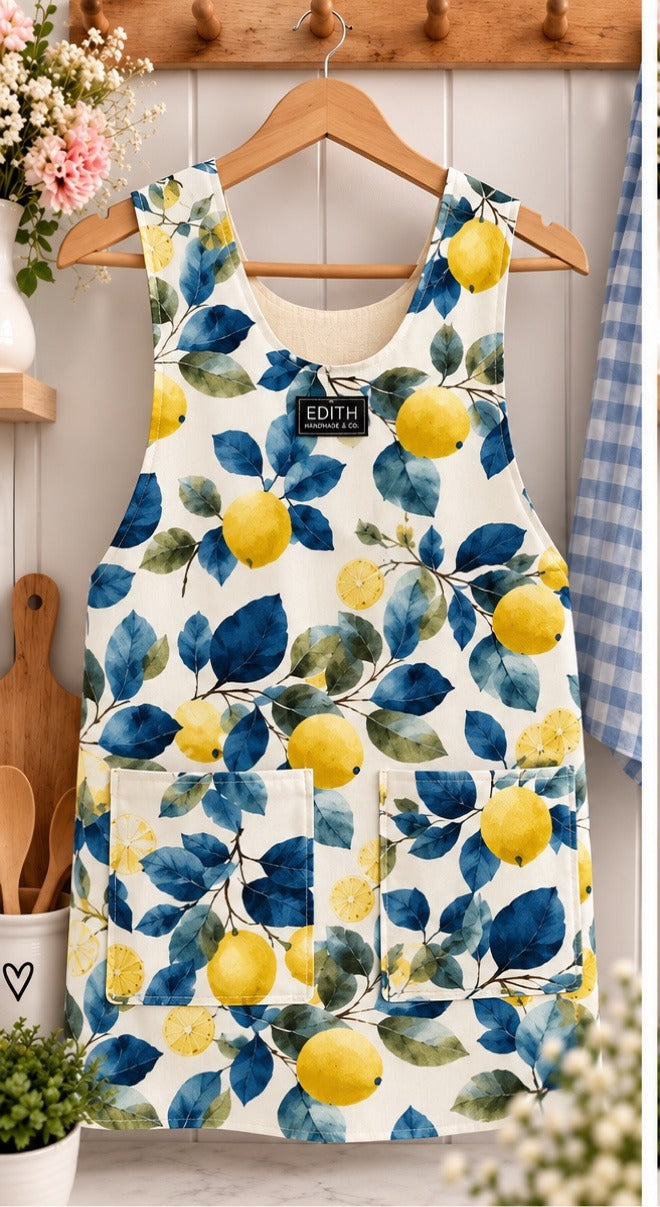 The Edith Cross-Back Apron PDF Pattern, handmade lemon print apron front view