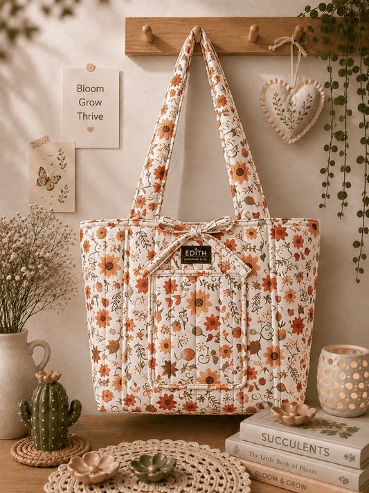 quilted autumn harvest tote bag with sunflowers and fall leaves